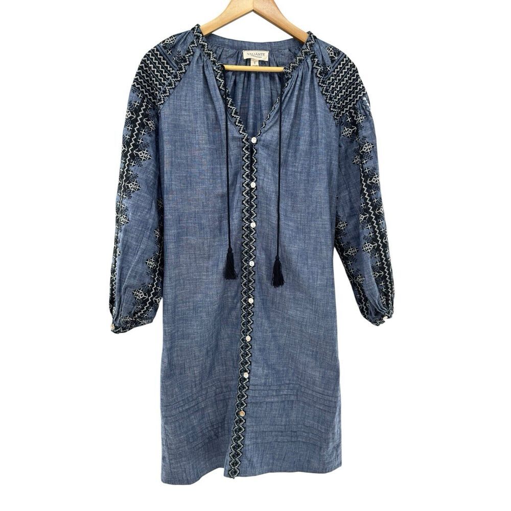 Anthropology Valiante Blue Denim Embroidered Button Up Shirt Dress‎ Sz 0 Tassels